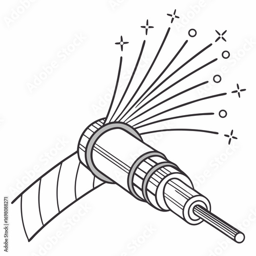 Close up illustration of a fiber optic cable with light beams radiating outwards