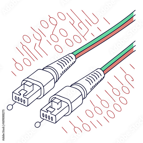 Close up isometric illustration of two fiber optic cables with lc connectors and abstract digital background