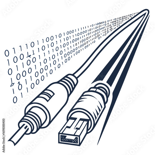Digital data stream flows from binary code into usb and audio jack connectors
