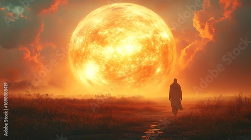 Solitary Figure Walking Toward Giant Glowing Sun