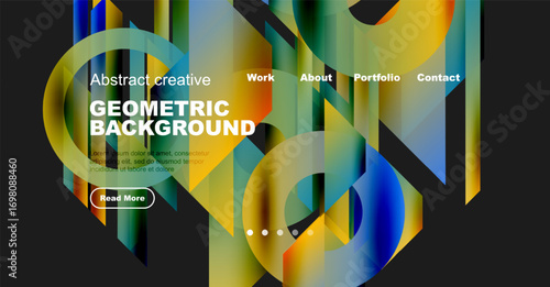 Abstract website mockup features vibrant geometric shapes, text overlays, navigation menu. Modern design promotes creativity, portfolio viewing.