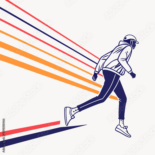 Dynamic silhouette of a runner in motion with stylized speed lines and retro color palette