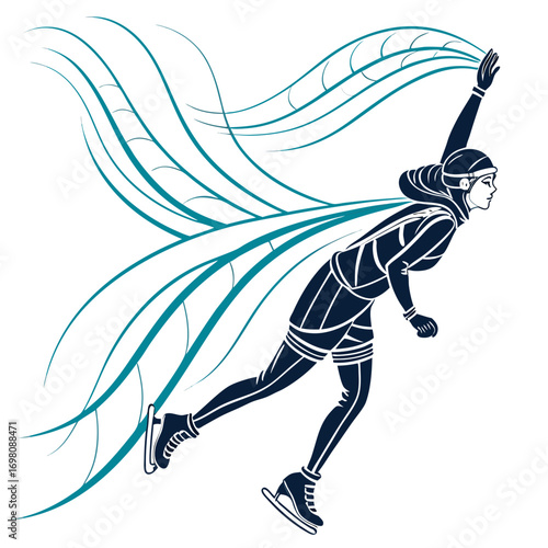 Dynamic silhouette of a female speed skater in motion with flowing abstract lines
