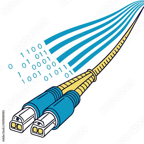 Fiber optic cables transmitting digital data represented by binary code and flowing blue lines