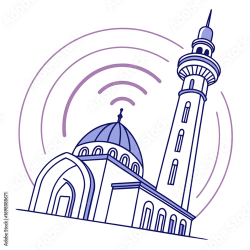 Modern mosque with wi fi signal waves representing digital connectivity and islamic community outreach