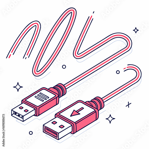 Modern isometric illustration of a red and white usb cable with clean lines and minimalist design elements