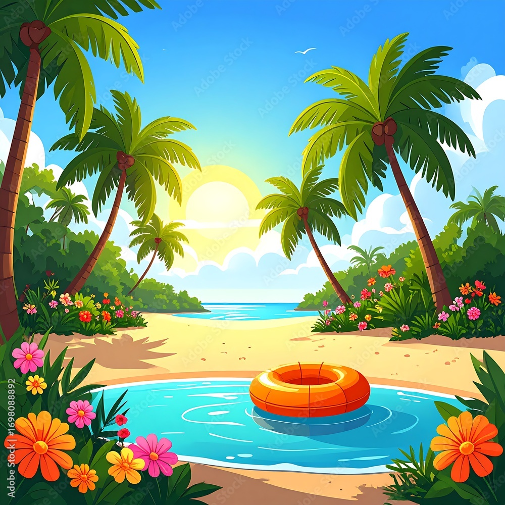 Fototapeta premium Tropical beach scene with orange inflatable ring