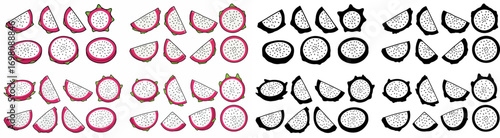 Dragon fruit slices and whole fruits with transparent background