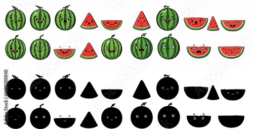 Watermelon slices and whole fruits with transparent background