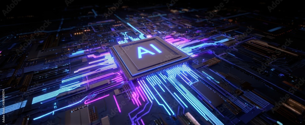 Fototapeta premium The AI chip glowing on a futuristic neon circuit board representing advanced artificial intelligence technology