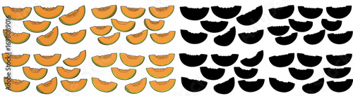 Cantaloupe slices and silhouettes with transparent background