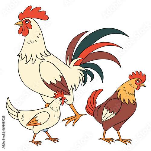 Three stylized cartoon chickens including two roosters and one hen standing together