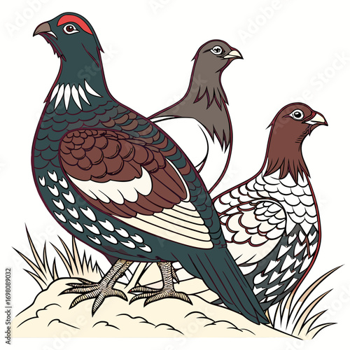 Three stylized birds with detailed feathers standing on a grassy mound against a white background