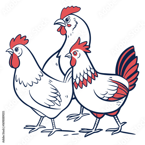 Three stylized cartoon chickens with red combs and tails walking together on a white background