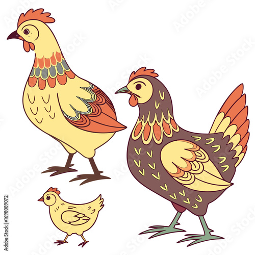 Three stylized chickens including a small chick in a whimsical cartoon illustration style