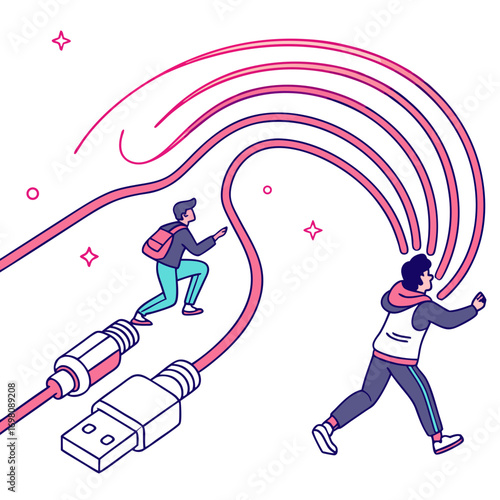 Two people running along a stylized digital data cable connecting usb and audio jack connectors