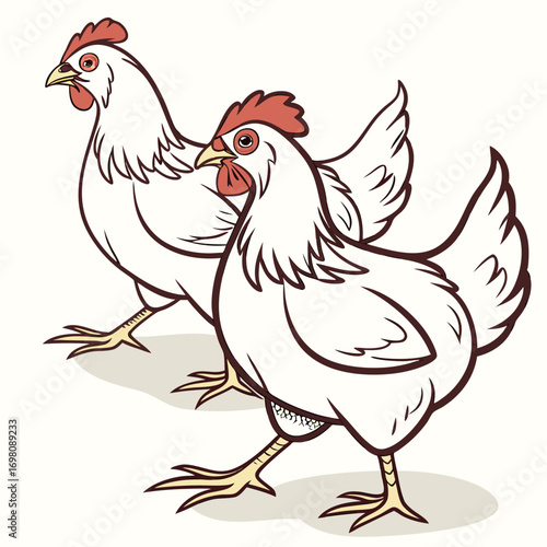 Two white chickens with red combs and wattles walking side by side on a plain background