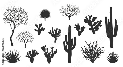 Desert plants and trees silhouettes collection.