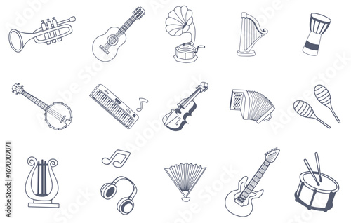 Set of musical instrument doodle vector