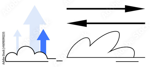 Arrows emerging from fluffy clouds with bold parallel arrows in linear motion. Ideal for progress, business growth, aspiration, innovation, momentum, speed, elevation. Simple flat metaphor