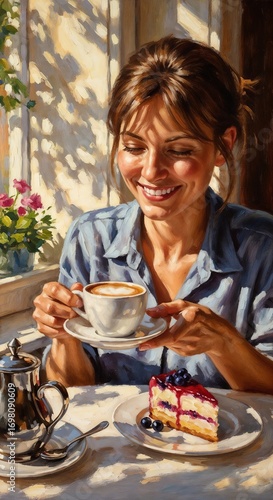 Young woman smiling while holding coffee cup by window with cake  