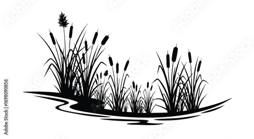 Cattails in Silhouette - A Serene Marsh Scene with Aquatic Plants.