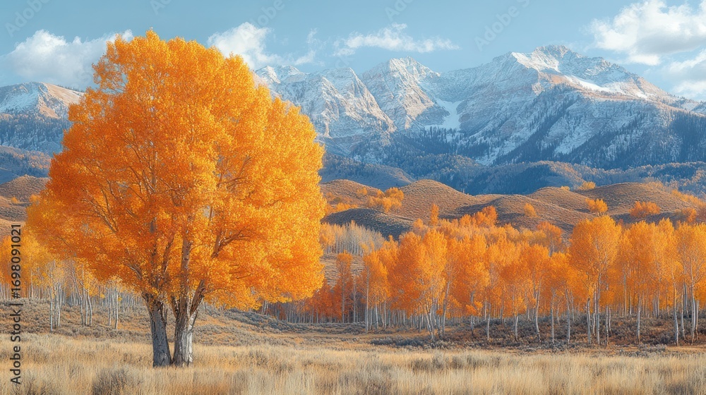 Fototapeta premium Vibrant golden aspen trees dominate the foreground, contrasting against a snow-dusted mountain backdrop under a serene sky