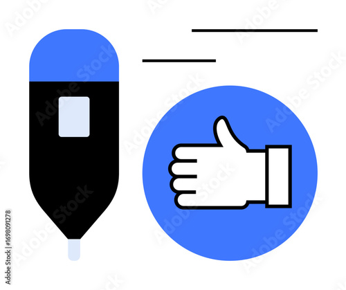 Vertical smart gadget paired with a thumbs-up gesture in a bold blue circle. Ideal for technology, approval, feedback, healthcare, innovation, digital tools, and a simple landing page