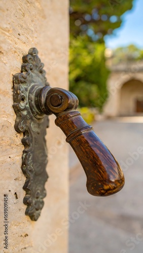 Ornate door handle on stone wall
