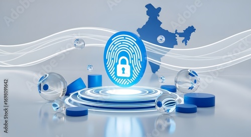A digital fingerprint with a padlock on a platform with india outline in the background and spheres