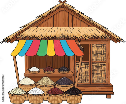 Traditional wooden stall displays various types of rice in woven baskets under a colorful awning, showcasing local agriculture and culture.