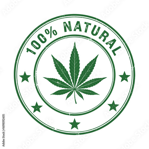 Green stamp with a cannabis leaf and the words one hundred percent natural on transparent background