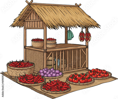 Traditional market stall displays fresh produce including peppers, tomatoes, and onions in woven baskets, creating a vibrant and inviting scene with a rustic charm.