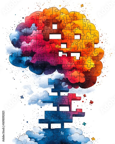 Colorful Brain Puzzle with Missing Pieces and Cloud Patterns