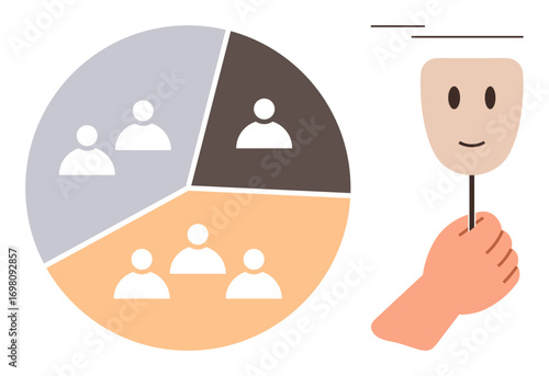 Circular chart with team divisions alongside a hand holding a face mask. Ideal for concepts of teamwork, group dynamics, identity, anonymity, organization, analysis, simple flat metaphor