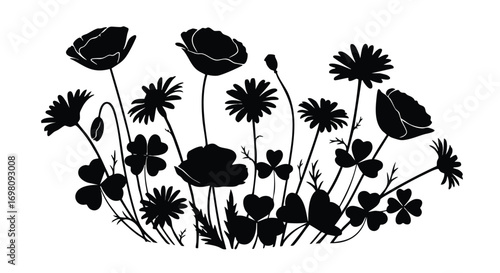 Silhouette of various flowers and clovers.