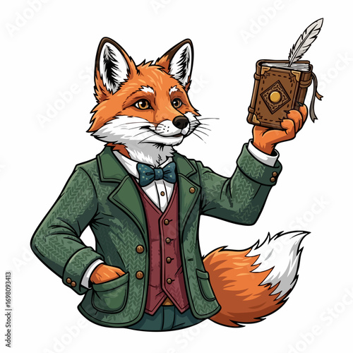 Sophisticated Fox Gentleman Holding Book and Quill.