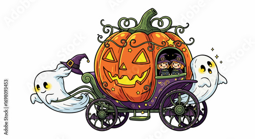 Whimsical Halloween pumpkin carriage pulled by cute ghosts.