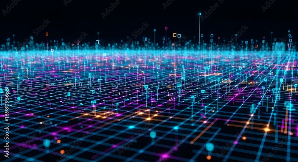 Obraz premium A vibrant network grid with glowing nodes and lines creating a futuristic landscape design effect