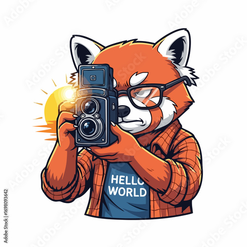 Red panda photographer capturing the moment with vintage camera.