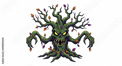 Fearsome Halloween Tree Monster with Glowing Eyes and Spooky Branches.