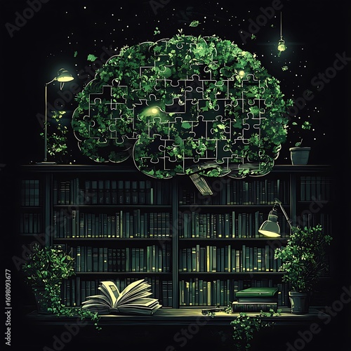 Glowing Book with Brain-Shaped Plant in Dim Library