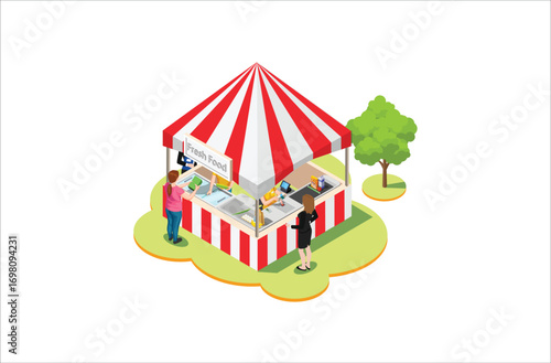 Modern Isometric Product Local market. Farmers selling healthy natural farming products in containers outdoor store with vegetables and fruits vector isometric concept. Suitable for Graphic Asset