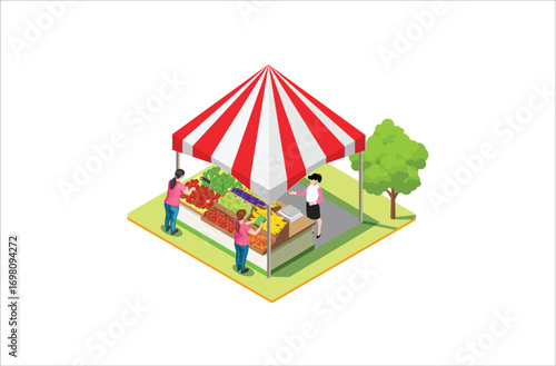 Modern Isometric Product Local market. Farmers selling healthy natural farming products in containers outdoor store with vegetables and fruits vector isometric concept. Suitable for Graphic Asset