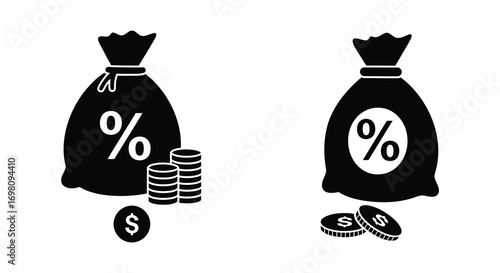 money bags with percentage signs and coins around them