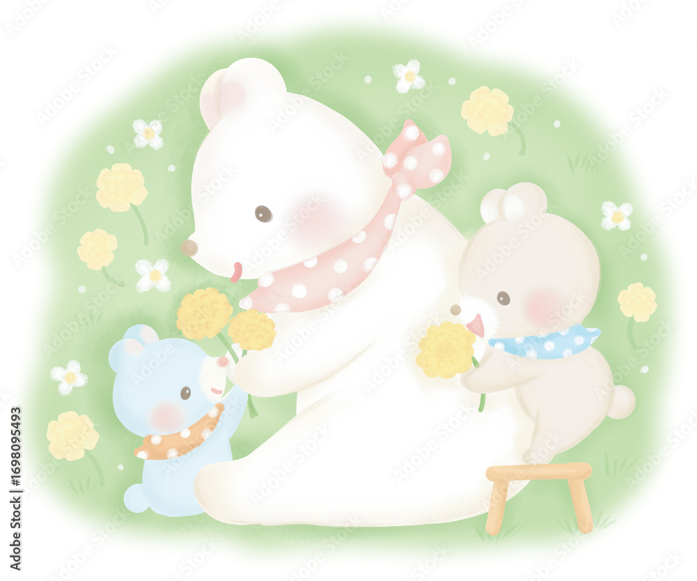 Fototapeta premium 仲良し くまの親子_花のプレゼントを贈る