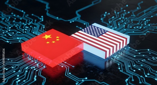 China and united states flags on chips connected by circuit board representing technology war
