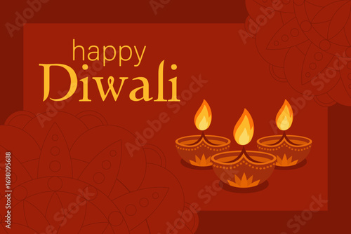 Happy Diwali greeting card with glowing diya lamps and mandala floral pattern on red background. Festival of lights celebration vector illustration for poster, banner, or invitation.