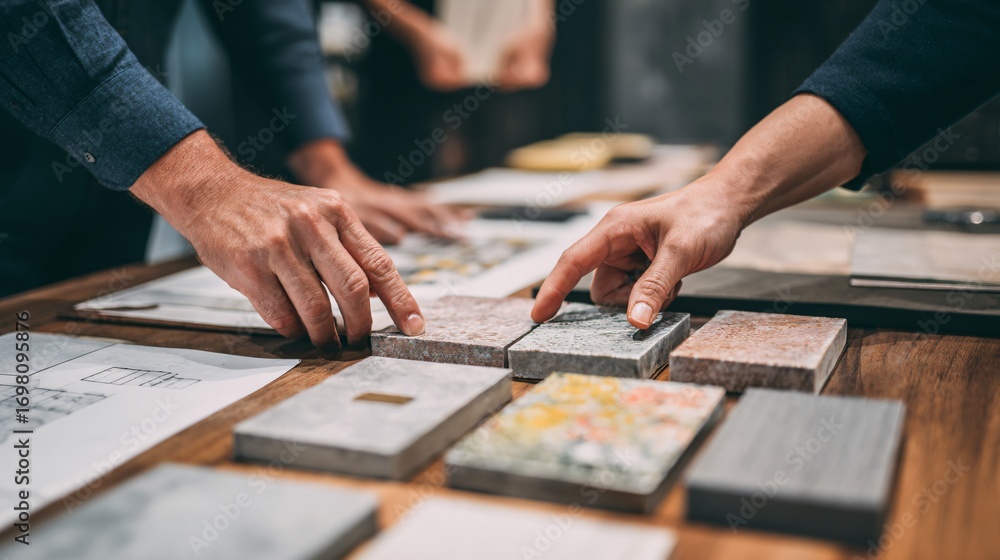 Fototapeta premium A tile design meeting or consultation, hands pointing at architectural drawings and ceramic samples, wood table, storytelling composition