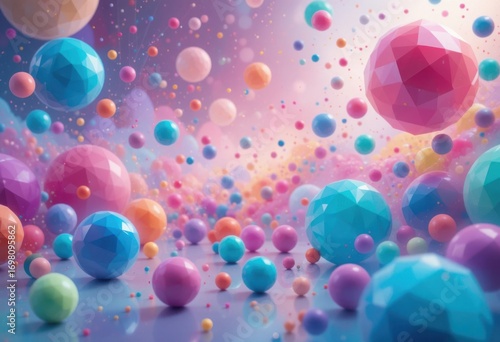 Polígonos y esferas coloridos y divertidos en una composición 3D brillante, fondo abstracto futurista con iluminación suave y degradados